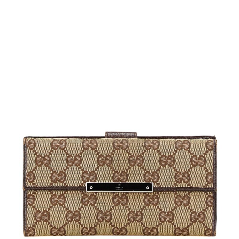 Gucci GG Canvas Logo Plate Long Wallet Beige Brown Leather